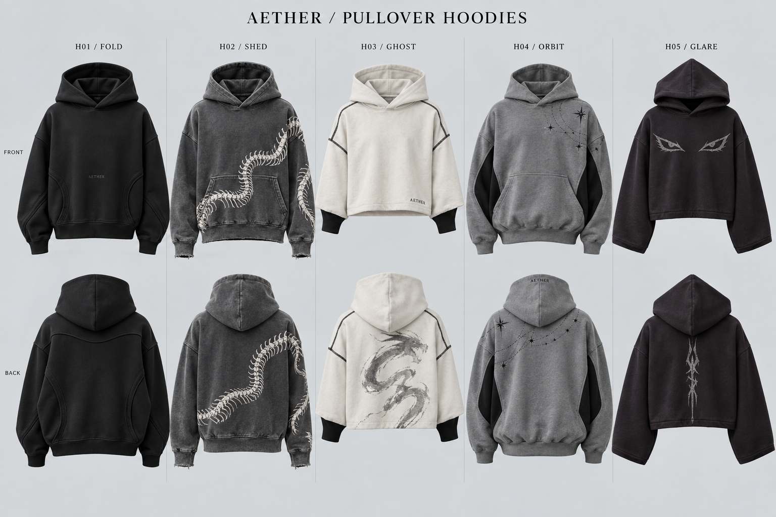 Washed graphite Aether hoodie with a bone-white serpent graphic, from the approved design studies