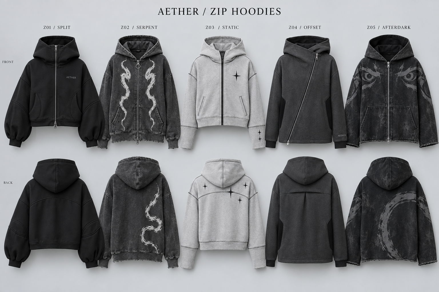 Zip hoodies: five Aether design concepts, with front views above matching back views
