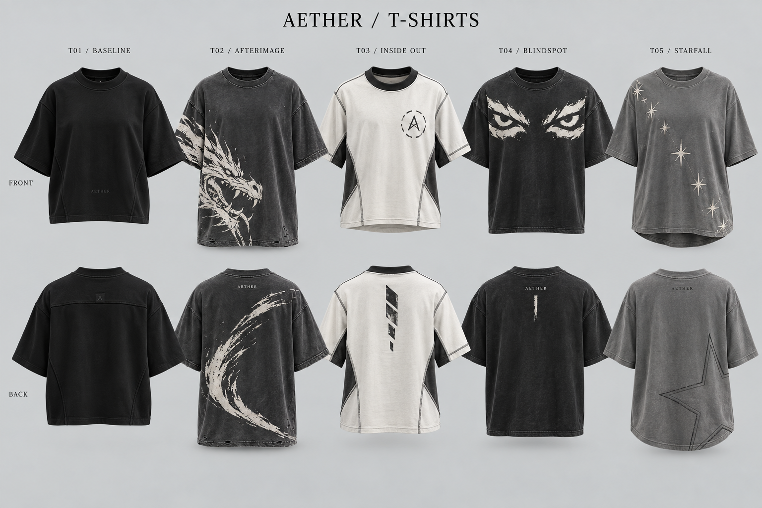 T-shirts: five Aether design concepts, with front views above matching back views