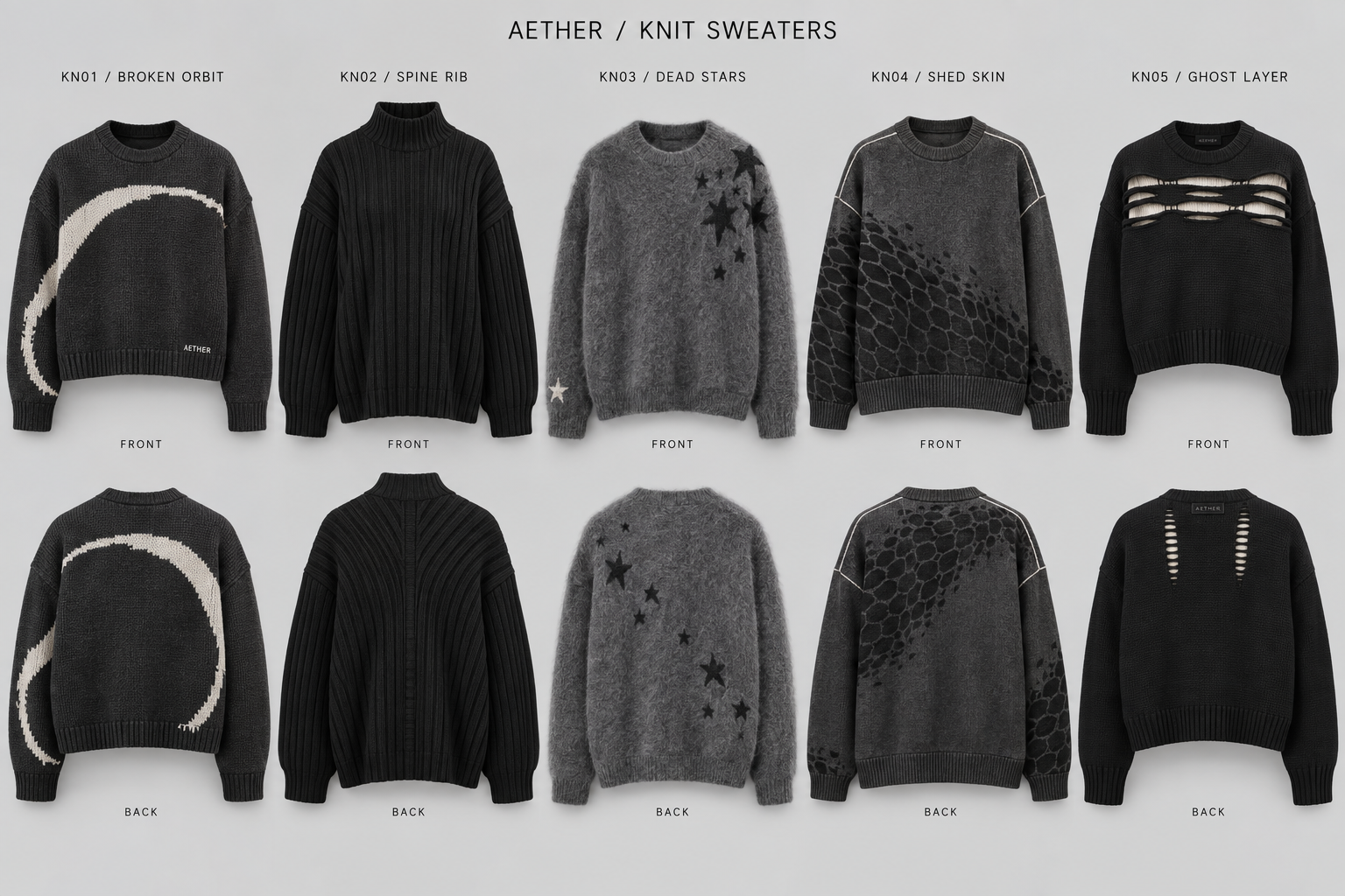 Knit sweaters: five Aether design concepts, with front views above matching back views