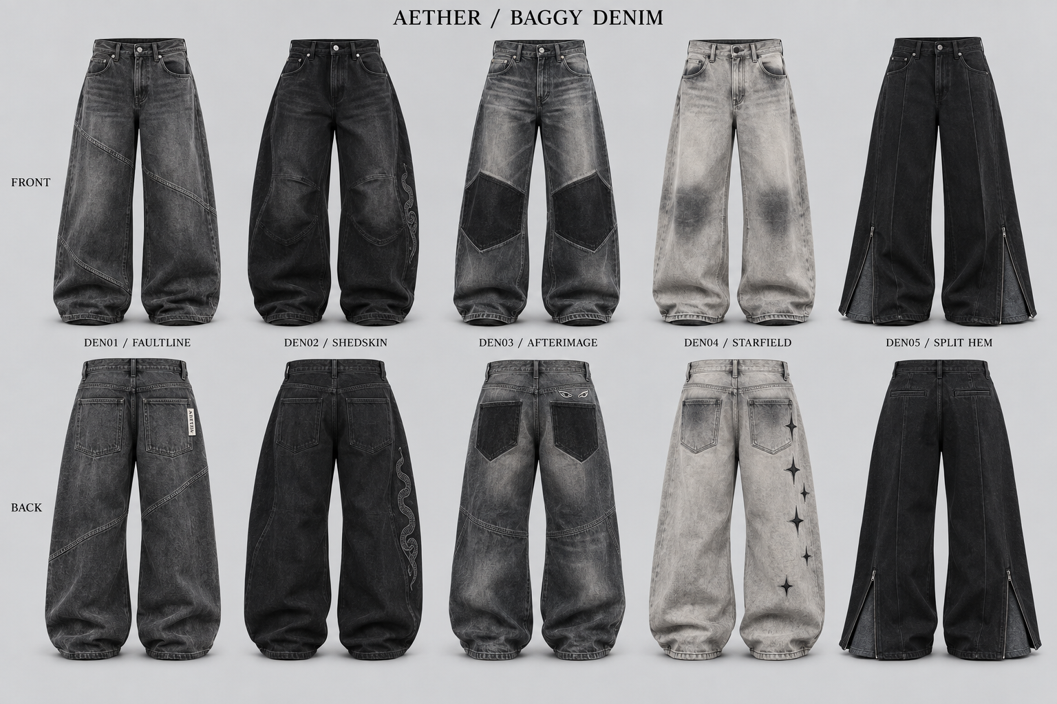 Baggy denim: five Aether design concepts, with front views above matching back views
