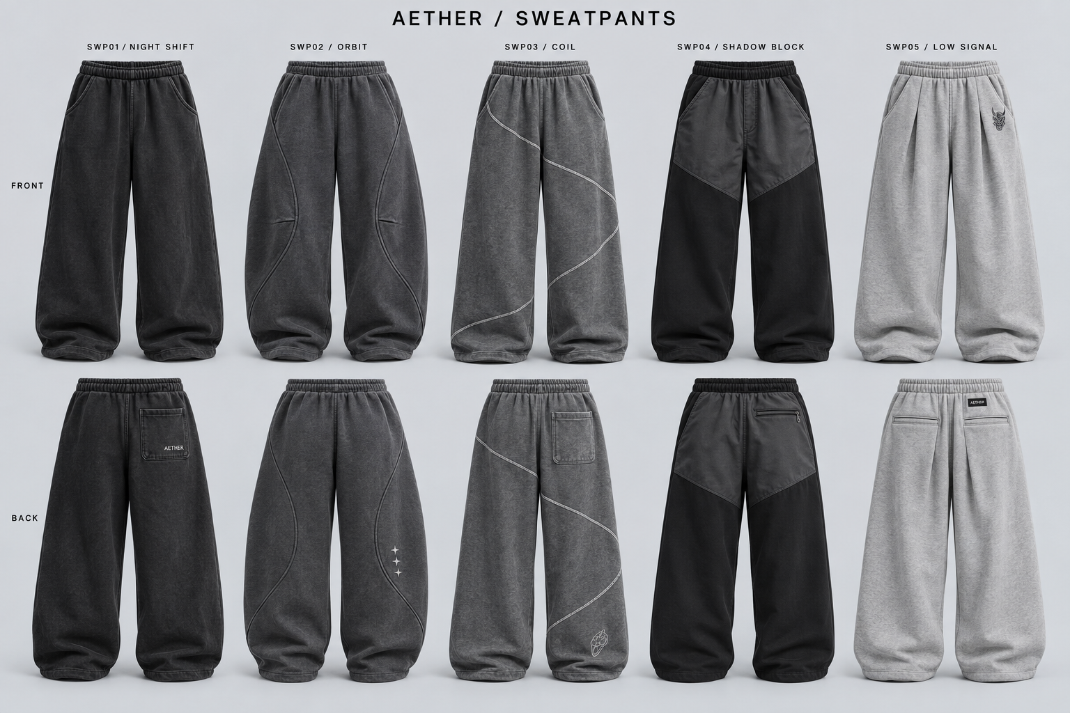 Sweatpants: five Aether design concepts, with front views above matching back views