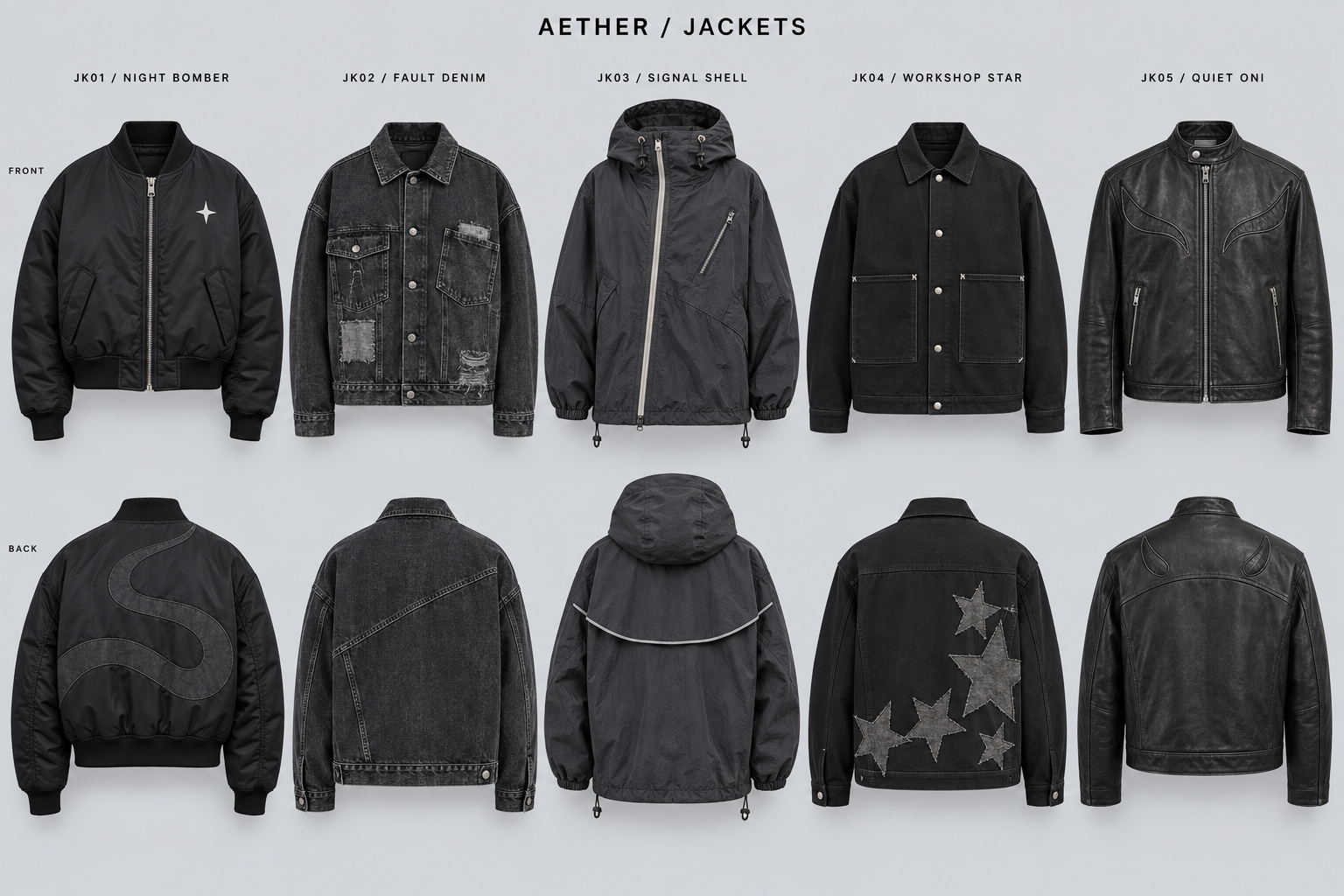 Jackets: five Aether design concepts, with front views above matching back views