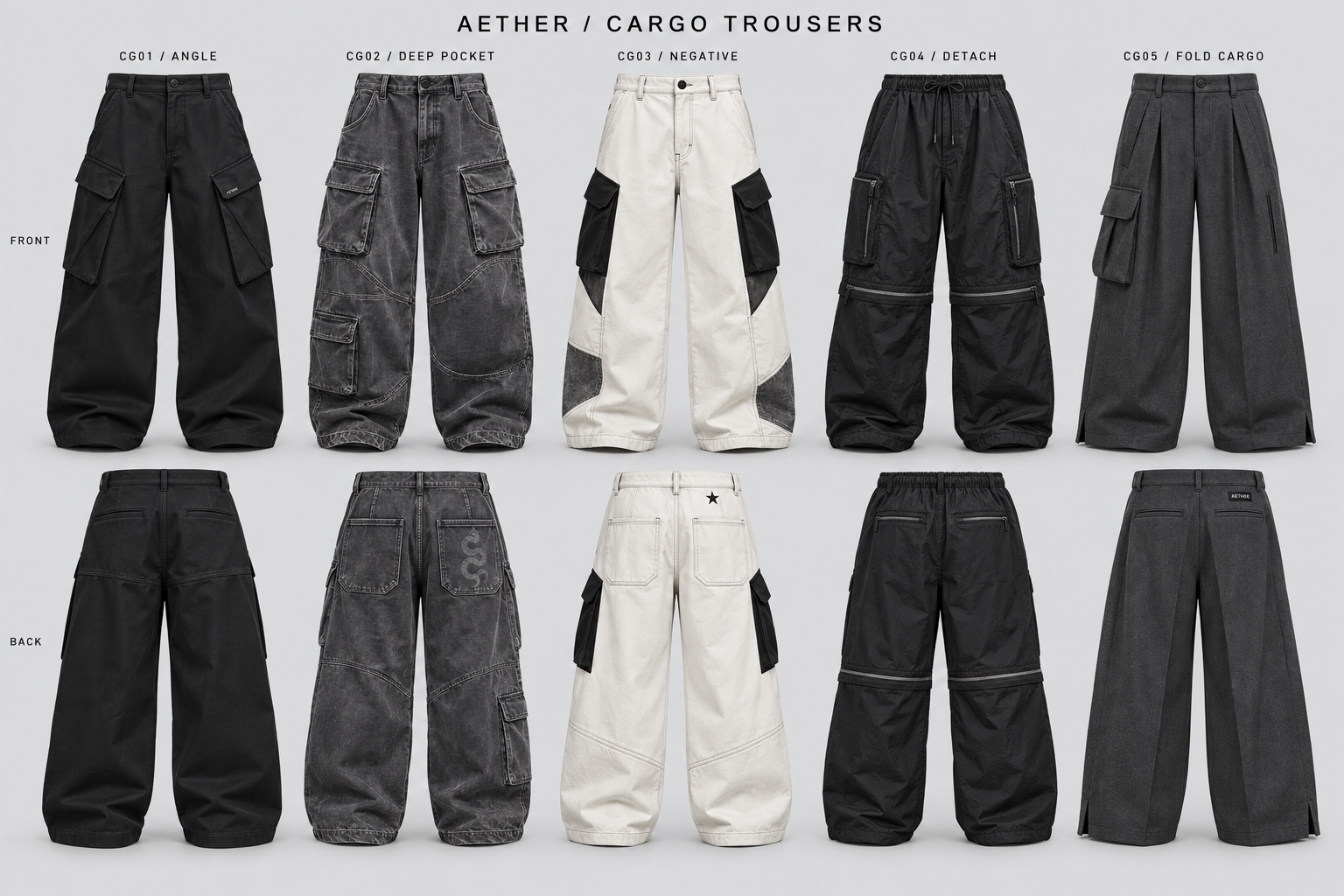 Cargo trousers: five Aether design concepts, with front views above matching back views